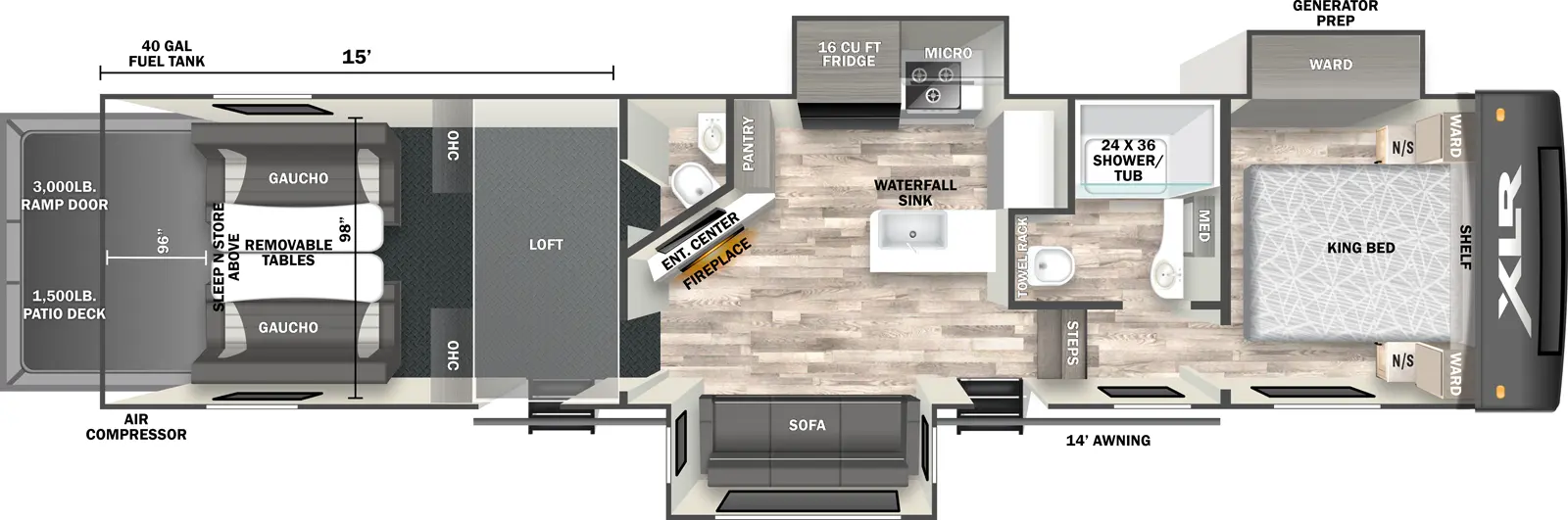 The XLR Nitro 36G15 floorplan is a toy hauler that has two entries and three slide outs. Exterior features include: fiberglass exterior. Interiors features include: loft, front bedroom and bathroom and a half.